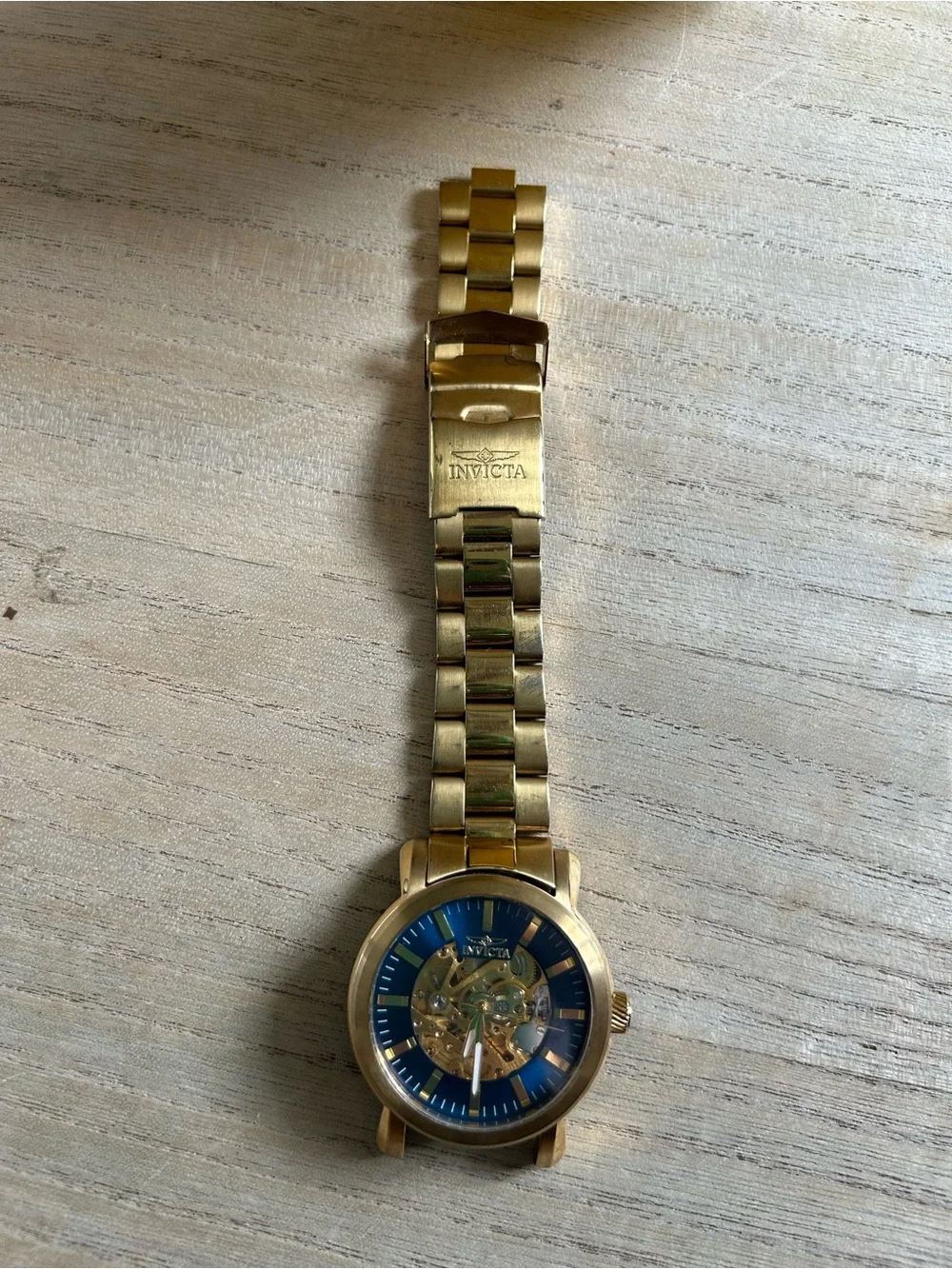 Invicta Gold-Tone Watch with Blue Skeleton Dial